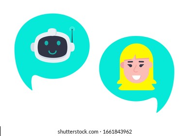 Robot chatbot head icon sign in the speech bubble talking with girl flat style design vector illustration isolated on white background. Cute AI bot helper mascot character concept business assistant.
