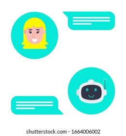 Robot chatbot head icon sign in the speech bubble talking with girl flat style design vector illustration isolated on white background. Cute AI bot helper mascot character concept business assistant.