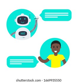 Robot chatbot head icon sign in the speech bubble talking with boy flat style design vector illustration isolated on white background. Cute AI bot helper mascot character concept business assistant.