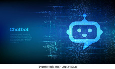 Robot chatbot head icon sign made with binary code. Chatbot assistant application. AI concept. Digital binary data and streaming digital code. Matrix background with digits 1.0. Vector Illustration.