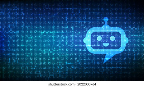 Robot chatbot head icon sign made with binary code. Chatbot assistant application. AI concept. Digital binary data and streaming digital code. Matrix background with digits 1.0. Vector Illustration.