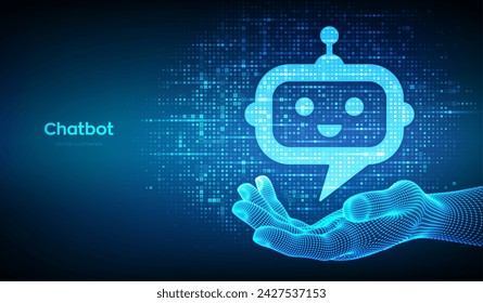 Robot chatbot cabeza icono signo hecho con código binario en la mano alambre. Aplicación de asistente de chatbot. Datos binarios digitales y streaming de código digital. Fondo con dígitos 1.0. Ilustración vectorial.