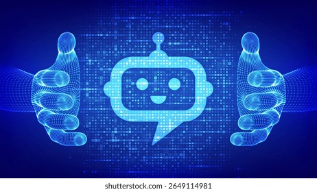 Sinal de ícone de cabeça de robô chatbot feito com código binário em mãos de arames. Aplicativo assistente do Chatbot. Dados binários digitais e código digital de streaming. Fundo com dígitos 1.0. Ilustração de vetor.