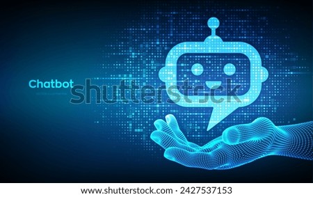 Robot chatbot head icon sign made with binary code in wireframe hand. Chatbot assistant application. Digital binary data and streaming digital code. Background with digits 1.0. Vector Illustration.