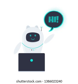 Robot chatbot icon sign flat style design vector illustration isolated on white background. Cute AI bot helper mascot character concept symbol business assistant. Chat bot say hi behind laptop!