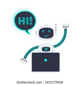 Robot chatbot icon sign flat style design vector illustration isolated on white background. Cute AI bot helper mascot character concept symbol business assistant. Chat bot say hi behind laptop!