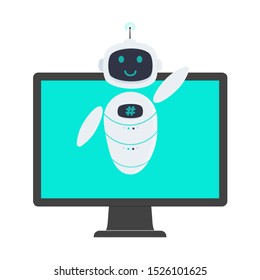 Robot chatbot icon sign flat style design vector illustration isolated on white background. Cute AI bot helper mascot character concept business assistant on the all-in-one pc monitor.