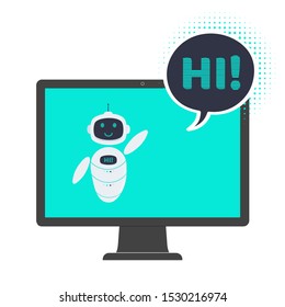 Robot chatbot icon sign flat style design vector illustration isolated on white background. Cute AI bot helper mascot character concept business assistant on the all-in-one pc monitor say hi.