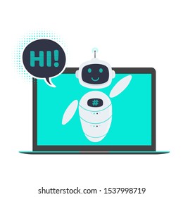 Robot chatbot icon sign flat style design vector illustration isolated on white background. Cute AI bot helper mascot character concept business assistant on the laptop notebook pc monitor.