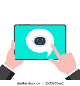 Robot chatbot icon sign flat style design vector illustration isolated on white background. Cute AI bot helper mascot character concept business assistant on the tablet pc monitor say hi.