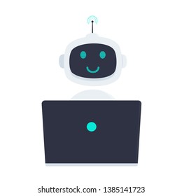 Robot chatbot icon sign sitting behind laptop notebook flat style design vector illustration isolated on white background. Cute AI bot helper mascot character concept symbol business assistant