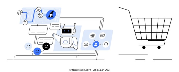 Robot chatbot interacting on laptop with speech bubbles, icons and user feedback emoticons suggesting online shopping assistance. Ideal for ecommerce, customer service, technology, automation, user