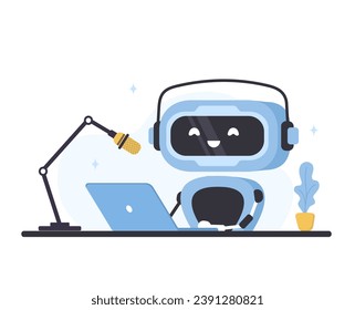 Roboter-Chatbot mit Laptop. AI Sprachassistent. Online-Kundensupport und FAQ. Technologie für künstliche Intelligenz. Helpdesk-Plattform. Vektorgrafik im flachen Cartoon-Stil.