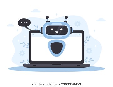 Robot chatbot on laptop screen. AI business assistant. Online customer support and FAQ. Artificial intelligence technology. Help desk platform. Vector illustration in flat cartoon style.