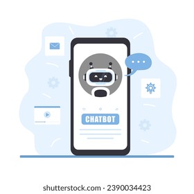 Robot chatbot on smartphone screen. AI business assistant. Online customer support and FAQ. Artificial intelligence technology. Help desk platform. Vector illustration in flat cartoon style.