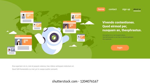 robot chatbot online messenger indian people global communication application concept world map background flat horizontal copy space vector illustration