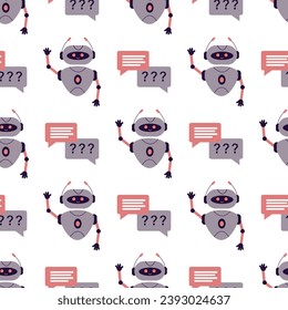 Robot chatbot with speech bubbles texture, wallpaper template. Bot operator isolated on white background. Smart chatbot character seamless pattern, business concept. flat vector illustration