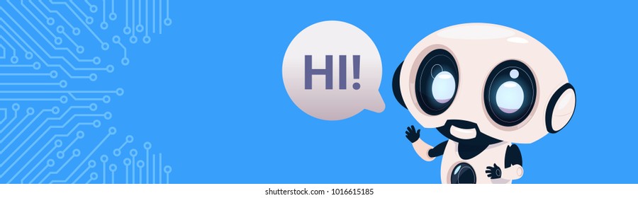 Robot Chatter Bot Say Hi Over Circuit Background With Copy Space Flat Vector Illustration