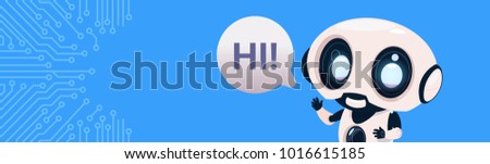 Robot Chatter Bot Say Hi Over Circuit Background With Copy Space Flat Vector Illustration