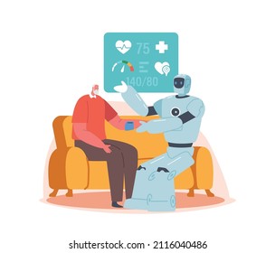 Robot comprobando la presión sanguínea a un personaje antiguo. Robot personal doméstico para asistencia a ancianos. Servicio de Inteligencia Artificial y Concepto de Tratamiento Médico Futurista. Ilustración del vector de dibujos animados