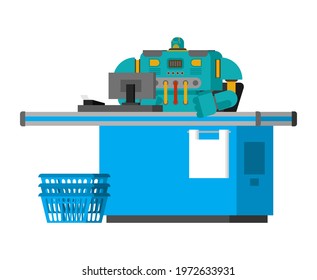Robot at checkout counter in supermarket. Technology of future