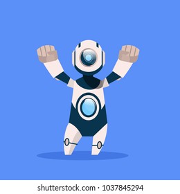 Robot Cheerful And Friendly Isolated On Blue Background Concept Modern Artificial Intelligence Technology Flat Vector Illustration