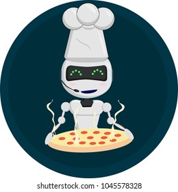 robot chef in the cap with pizza in green icon, funny robot smiles, Chatbot icon concept, smell of pizza, accepting orders, food concept
