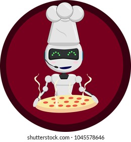 robot chef in the cap with pizza in red icon, funny robot smiles, Chatbot icon concept, smell of pizza, accepting orders, food concept