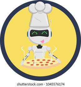 robot chef in the cap with pizza in yellow icon, funny, smiles, Chatbot icon concept, smell of pizza, accepting orders, food concept