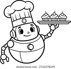 robot chef coloring page featuring an adorable android baker holding a tray of cupcakes. Clean black and white line art illustration, perfect for preschool coloring books, educational worksheets, classroom activities, and creative culinary-themed projects.
