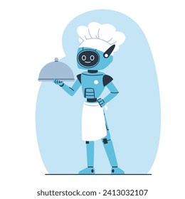 Robot chef holding serving tray. Cooking machine. AI innovation. Futuristic technology. Cyborg carrying meal. Automatic waiter. Cook hat and apron. Smart assistance. Vector concept