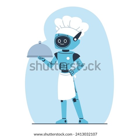Robot chef holding serving tray. Cooking machine. AI innovation. Futuristic technology. Cyborg carrying meal. Automatic waiter. Cook hat and apron. Smart assistance. Vector concept