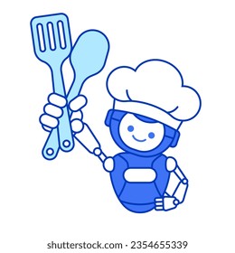 Chef robot con espátula y cuchara. Ilustración de mascota del chef Robot