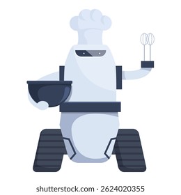 Robot chef is holding a whisk and bowl, ready to start cooking