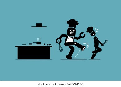 Robot chef kicks away a human chef from doing his job at kitchen. Vector artwork depicts automation, future concept, artificial intelligence, and robot replacing mankind. 