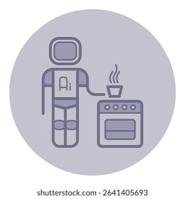 Robot chef standing beside sleek oven, holding pot with steam rising. Technology and culinary art combination concept