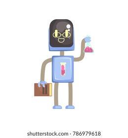 Robot chemist character, ahdroid scientist with flask and book in its hands cartoon vector illustration