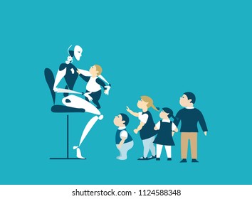 Robot child care and teacher, future reality. Educational concept