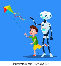 Robot With Child Fly A Kite Vector. Isolated Illustration