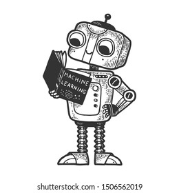 Robot child with machine learninig book sketch engraving vector illustration. Machine learning metaphor. Tee shirt apparel print design. Scratch board imitation. Black and white hand drawn image.