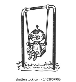 Robot child play on swing sketch engraving vector illustration. Machine learning metaphor. Scratch board style imitation. Black and white hand drawn image.