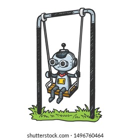 Robot child play on swing color sketch engraving vector illustration. Machine learning metaphor. Tee shirt apparel print design. Scratch board style imitation. Black and white hand drawn image.