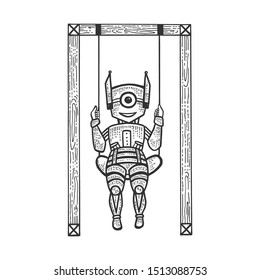 Robot child play on swing sketch engraving vector illustration. Machine learning metaphor. Scratch board style imitation. Black and white hand drawn image.