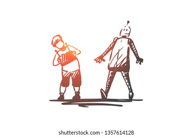 Robot, child, play, remote, control concept. Hand drawn boy controls the robot concept sketch. Isolated vector illustration.