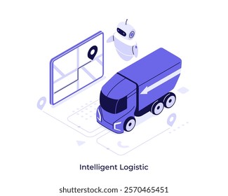 Robot choosing best route for goods delivery on tablet computer. Intelligent logistics concept isometric vector illustration. Innovative solutions in delivery service cartoon objects composition