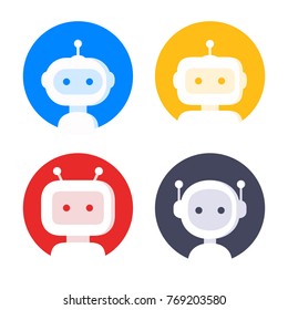 Conjunto de ícones do robô. Design de sinal de bot. Símbolo do Chatbot, modelo do logotipo. Ilustração de personagem de desenho animado estilo plano moderno. Isolado em branco