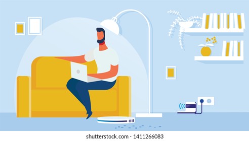 Robot Cleaner Cartoon Flat Vector Illustration. Man Sitting on Sofa or Couch with Laptop in Living Room Interior. Robot Vacuuming Dust on Floor. Artificial Intellect Helping Male Character.