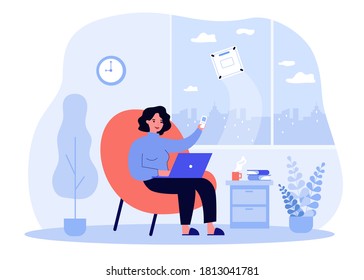 Concepto de limpiador de robots. Mujer con mando a distancia, ventana de lavado de máquinas. Ilustración de vectores para temas de automatización, higiene, ayuda doméstica
