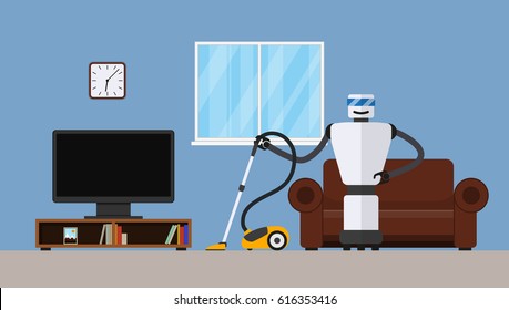 Robot cleaner in home interior. Household robot with vacuum cleaner. Vector illustration.