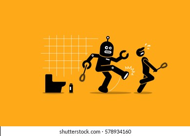 Robot cleaner kicks away a human janitor worker from doing his cleaning job at toilet. Vector artwork depicts automation, future concept, artificial intelligence, and robot replacing mankind. 